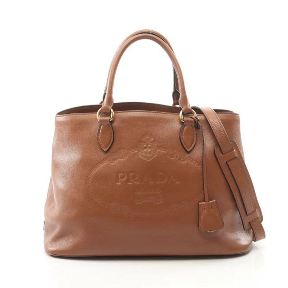 Prada brown leather tote bag embossed logo on the front